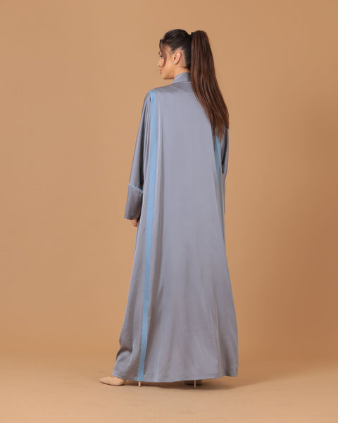 Pure Silk Silver Grey Ribboned Abaya