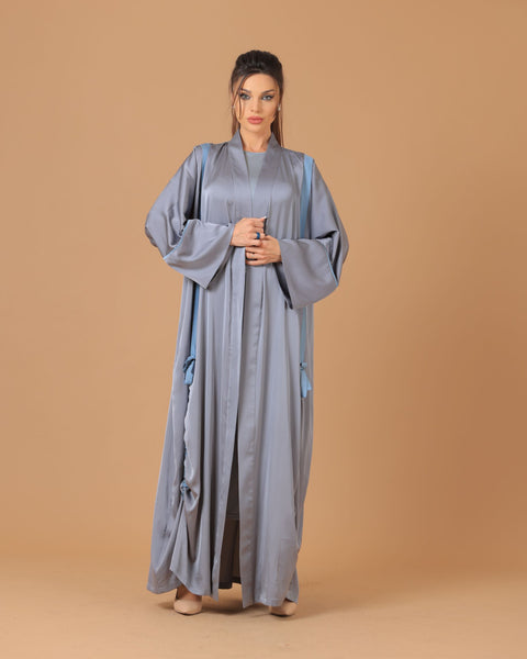 Pure Silk Silver Grey Ribboned Abaya