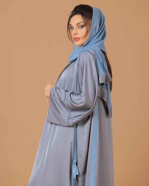 Pure Silk Silver Grey Ribboned Abaya