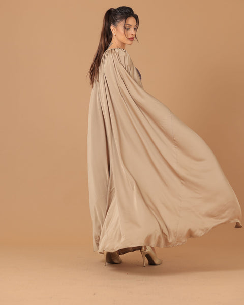 Pure Silk Beige Pleated Sleeves Abaya