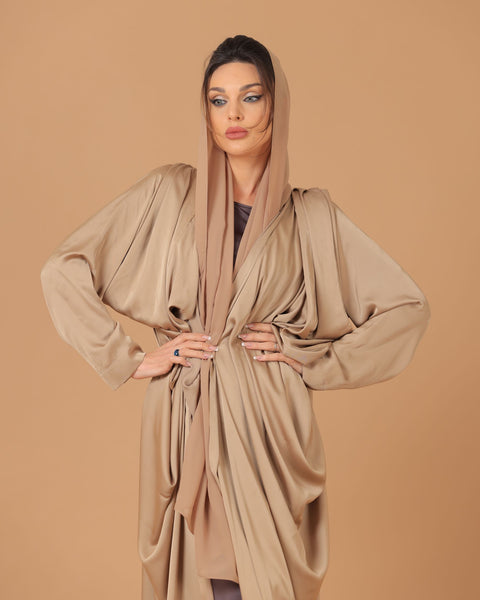 Pure Silk Beige Pleated Sleeves Abaya