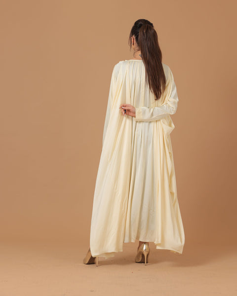 Pure Silk Cream Pleated Sleeves Abaya