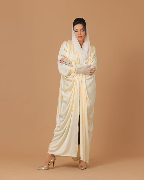 Pure Silk Cream Pleated Sleeves Abaya