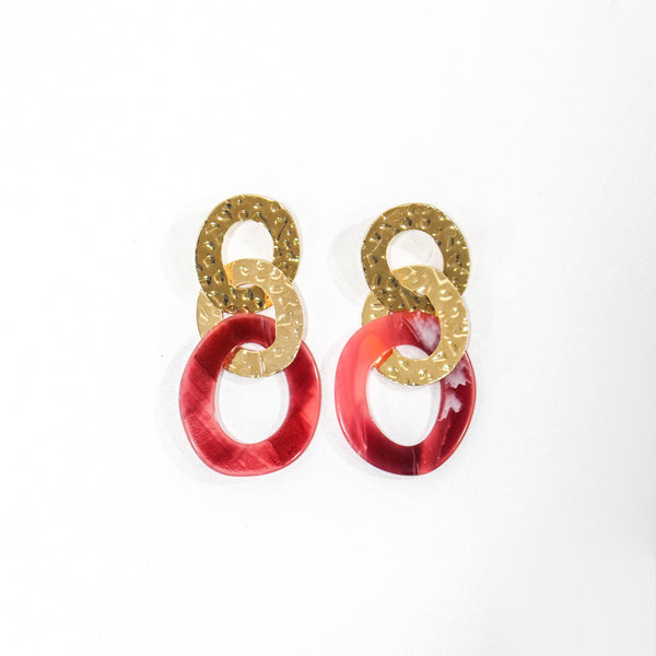 Valeria Beaten Metal Faux Horn Resin Red Earrings