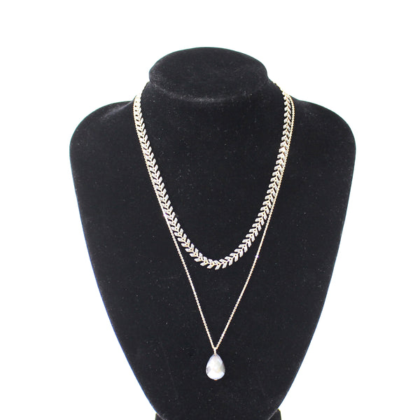 Camilla Fishbone Enamel Pear Drop Two Layered Rose Gold Necklace