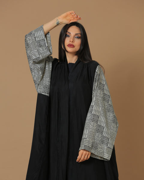 Washed Silk Black Printed Sleeves Abaya