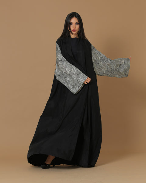 Washed Silk Black Printed Sleeves Abaya
