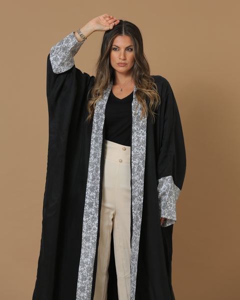 Washed Silk Black Printed Bordered Abaya
