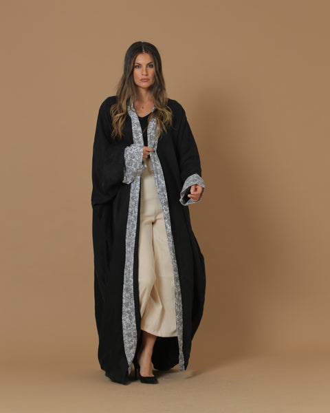 Washed Silk Black Printed Bordered Abaya