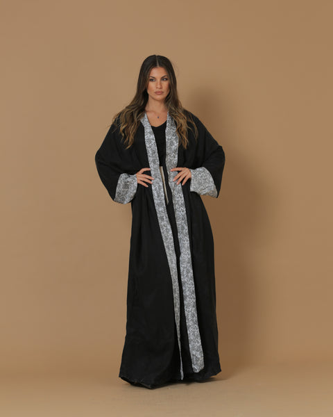 Washed Silk Black Printed Bordered Abaya