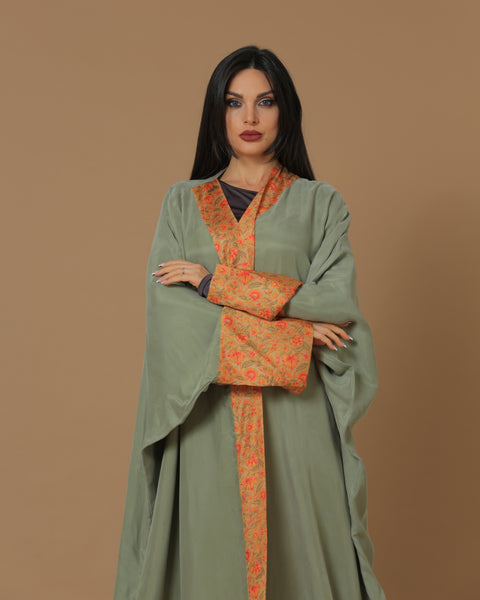 Washed Silk Camo Green Printed Bordered Abaya