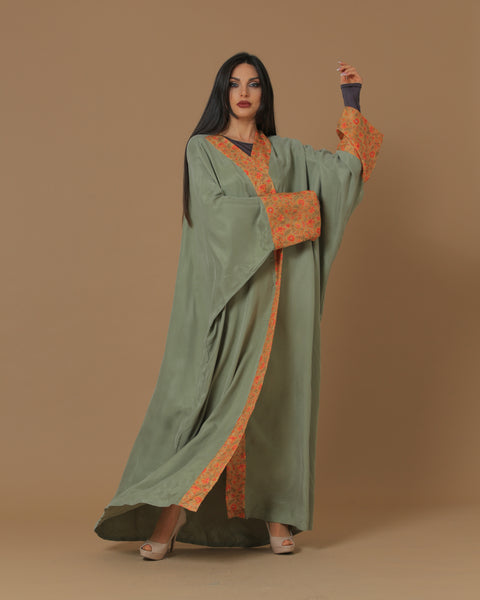 Washed Silk Camo Green Printed Bordered Abaya