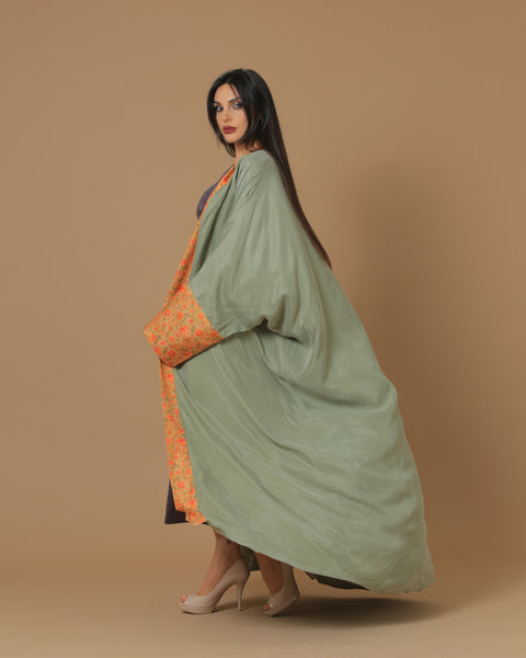 Washed Silk Camo Green Printed Bordered Abaya