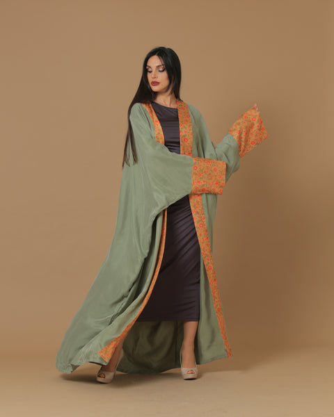 Washed Silk Camo Green Printed Bordered Abaya