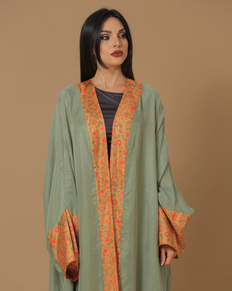 Washed Silk Camo Green Printed Bordered Abaya