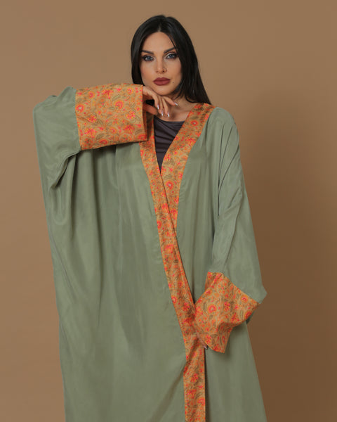 Washed Silk Camo Green Printed Bordered Abaya