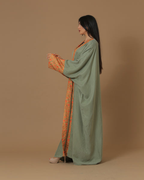Washed Silk Camo Green Printed Bordered Abaya