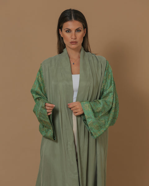 Washed Silk Camo Green Printed Sleeves Abaya