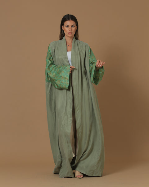Washed Silk Camo Green Printed Sleeves Abaya