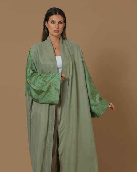 Washed Silk Camo Green Printed Sleeves Abaya
