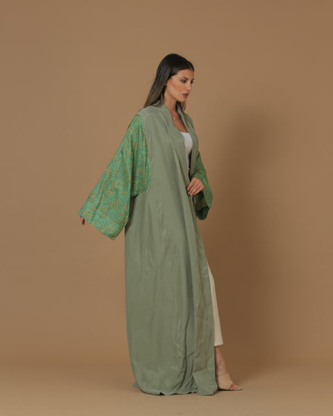 Washed Silk Camo Green Printed Sleeves Abaya