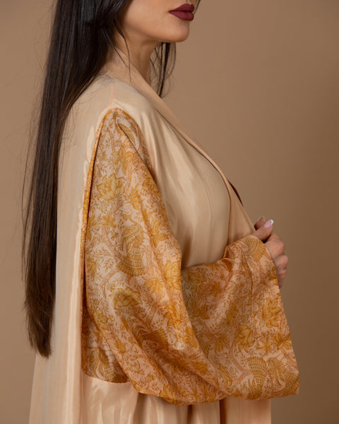 Washed Silk Light Coral Printed Sleeves Abaya