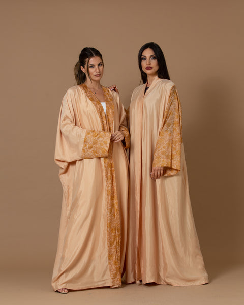 Washed Silk Light Coral Printed Bordered Abaya