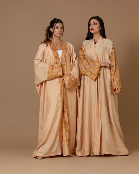 Washed Silk Light Coral Printed Bordered Abaya