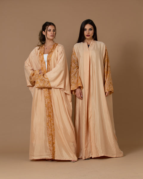 Washed Silk Light Coral Printed Bordered Abaya