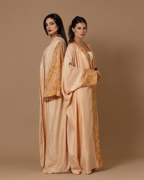 Washed Silk Light Coral Printed Bordered Abaya
