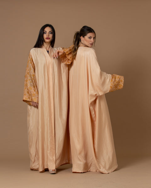 Washed Silk Light Coral Printed Bordered Abaya