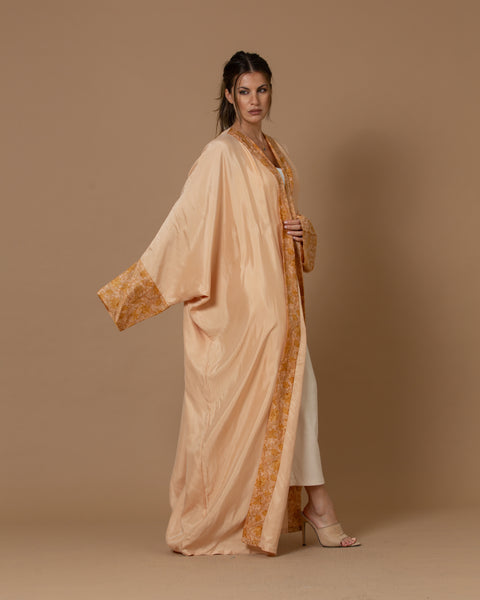 Washed Silk Light Coral Printed Bordered Abaya