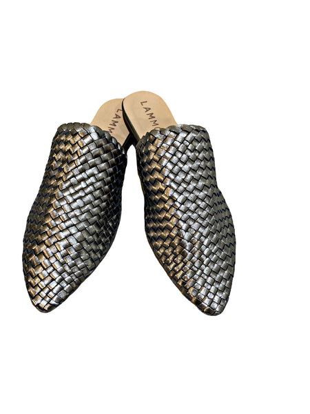 Woven Leather Babouche Silver Grey Slides