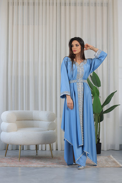 Light Blue Heart Neckline Silver Rhinestone Kaftan Jalabiya