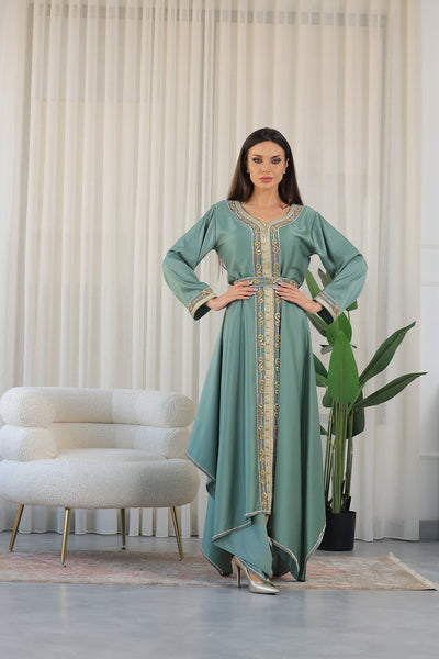 Pine Green Heart Neckline Silver Rhinestone Kaftan Jalabiya