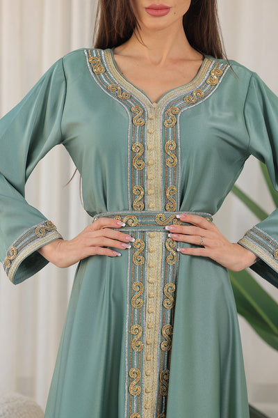 Pine Green Heart Neckline Silver Rhinestone Kaftan Jalabiya