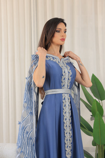 Elastic Off-Shoulder Cape Sleeves Embroidered Jalabiya