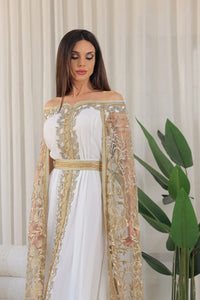 White Gold Elastic Off-Shoulder Cape Sleeves Embroidered Jalabiya