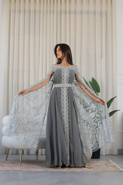 Silver Grey White Elastic Off-Shoulder Cape Sleeves Embroidered Jalabiya