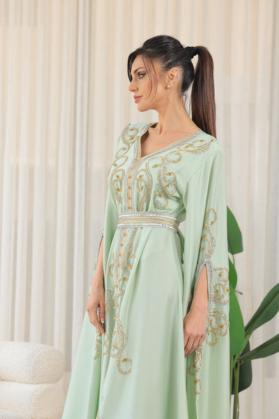 Mint Shilhat Sleeves V-neck Embroidered Jalabiya