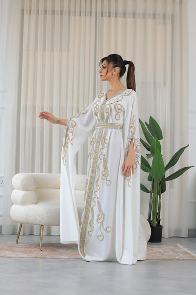 White Shilhat Sleeves V-neck Embroidered Jalabiya