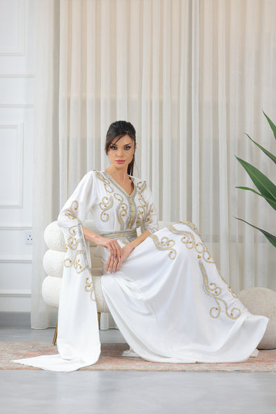 White Shilhat Sleeves V-neck Embroidered Jalabiya