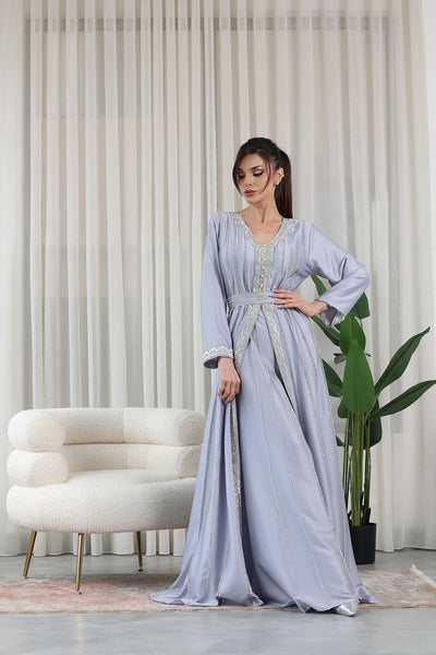 Silver Grey V-Neck Embellished Kaftan Jalabiya