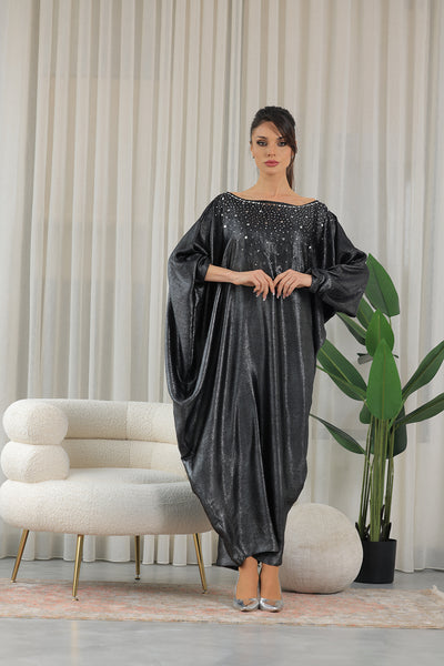 Off-Shoulder Jalabiya With Silver Embroidery