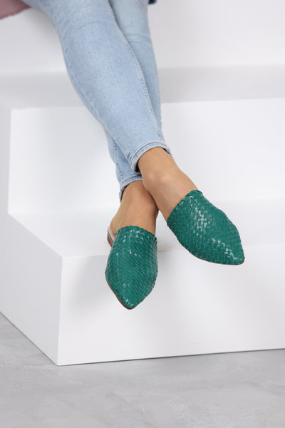 Woven Leather Babouche Emerald Slides