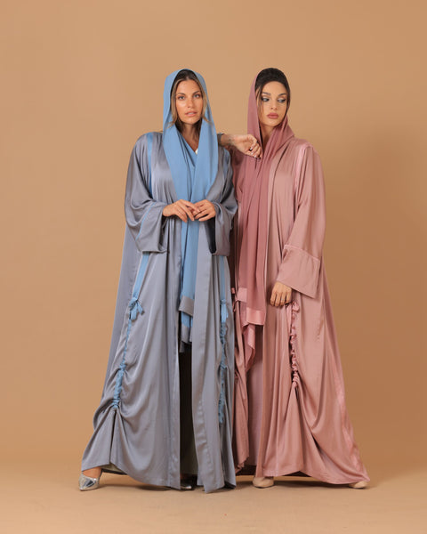 Pure Silk Silver Grey Ribboned Abaya