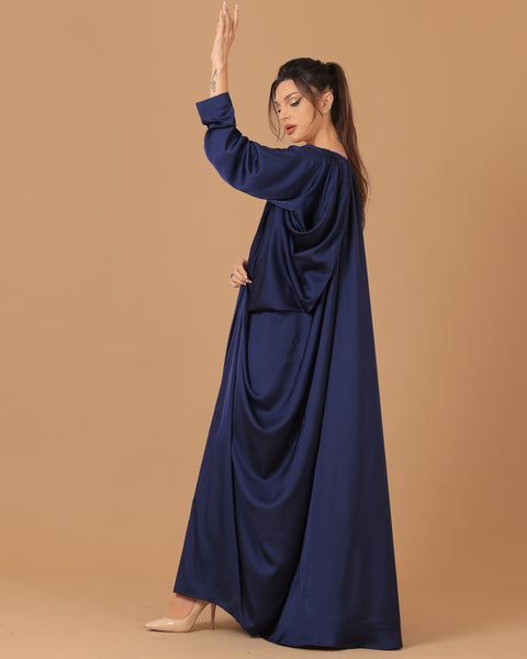 Pure Silk Navy Blue Pleated Sleeves Abaya