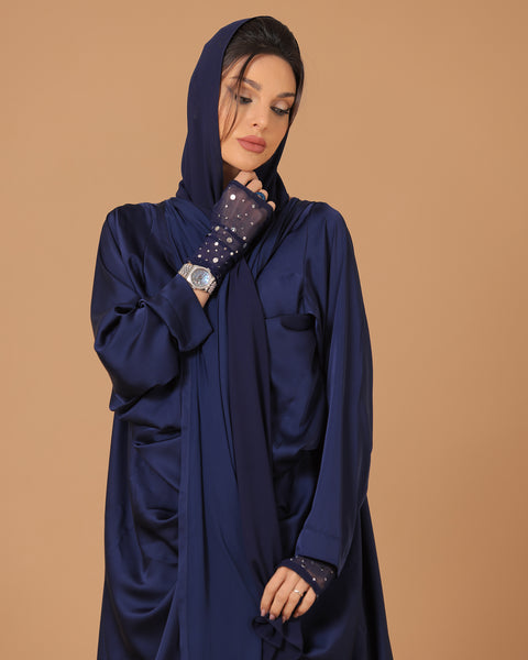 Pure Silk Navy Blue Pleated Sleeves Abaya