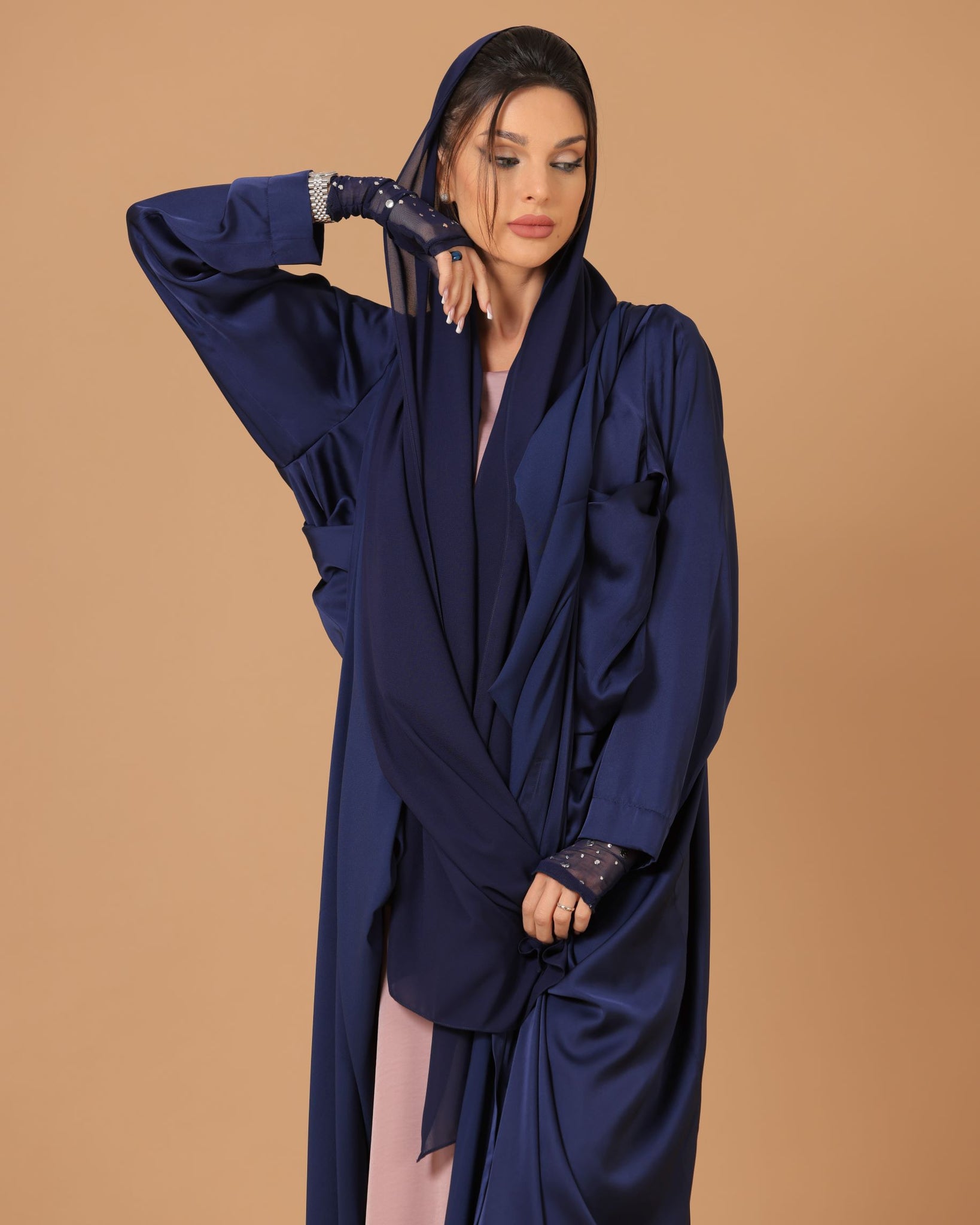 Pure Silk Navy Blue Pleated Sleeves Abaya