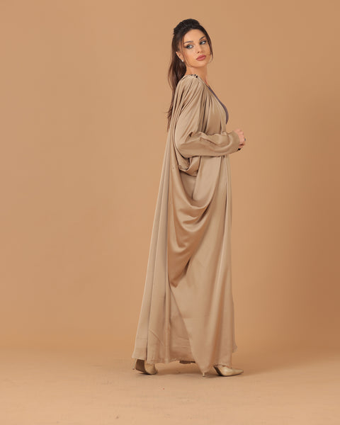Pure Silk Beige Pleated Sleeves Abaya